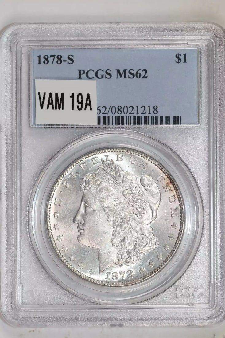 1878-S VAM-19A TORN BONNET MORGAN DOLLAR PCGS MS62: 1878-S VAM-19A TORN BONNET MORGAN DOLLAR PCGS MS62 The 1878-S VAM-19A Torn Bonnet Morgan Dollar, graded MS62 by PCGS, showcases its unique characteristics. This uncirculated coin features a notable