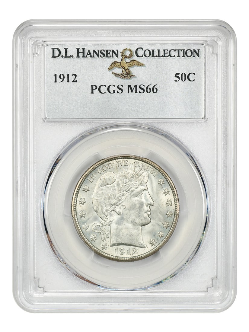 PCGS MS66 ex D L Hansen 50c 1912: PCGS MS66 ex D L Hansen 50c 1912 The PCGS MS66 ex D L Hansen 50c 1912 is an uncirculated example of the iconic Barber Half Dollar, certified by the prestigious Professional Coin Grading Service. This
