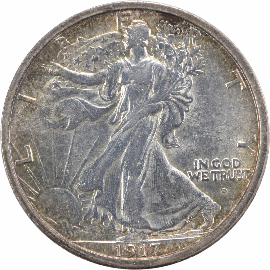 1917-D Walking Liberty Silver Half Dollar Obverse AU Slider Uncertified: 1917-D Walking Liberty Silver Half Dollar Obverse AU Slider Uncertified The 1917-D Walking Liberty Silver Half Dollar Obverse AU Slider Uncertified boasts an impressive design by renowned artist Adolp