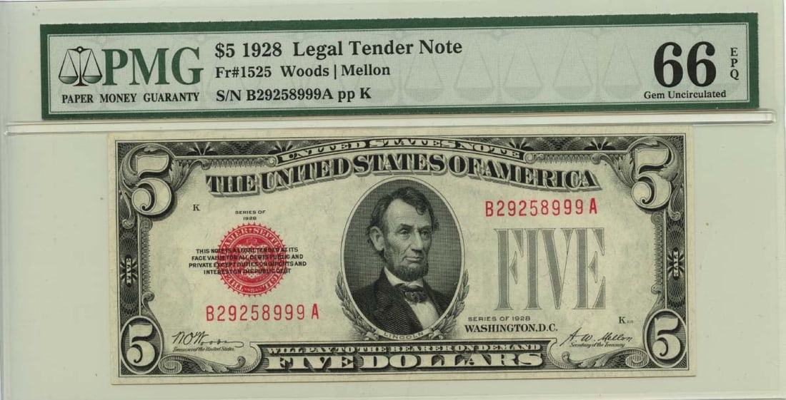 1928 $5 Legal Tender Note Fr# 1525 PMG Gem66 EPQ: 1928 $5 Legal Tender Note Fr# 1525 PMG Gem66 EPQ MS66 Circulated/Uncirculated 1928 $5 Legal Tender Note Fr# 1525, certified by PMG as a Gem66 EPQ. This note features the iconic portrait of President