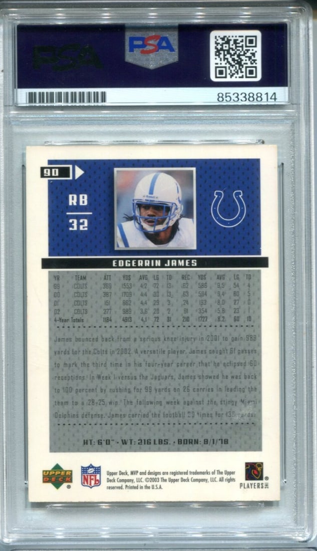 Edgerrin James 2003 Upper Deck MVP #90 PSA Auto Auth - 2