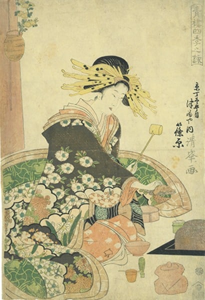 Torii Kiyomine Japanese Woodblock Print Courtesan Shinohara Seiro Shiki no Ei (1 of 2)