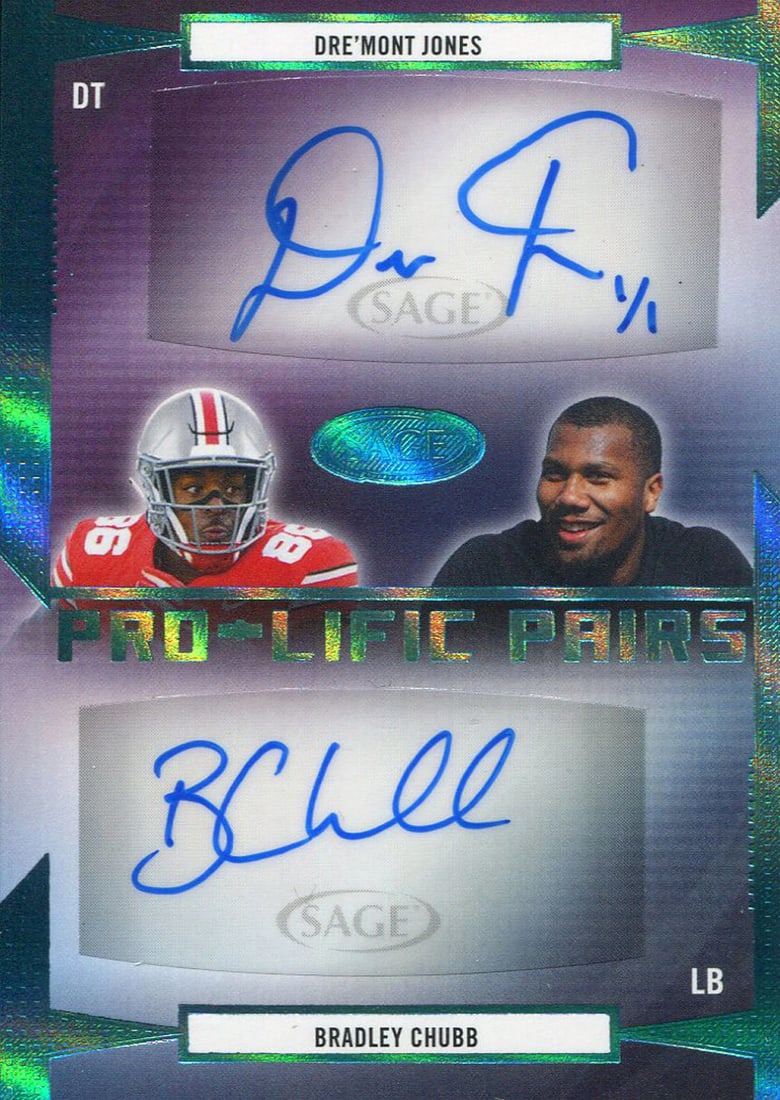 Bradly Chubb & Dre'Mont Jones Autographed 2019 Sage Prolific Pairs Rookie Card: Bradly Chubb & Dre'Mont Jones Autographed 2019 Sage Prolific Pairs Rookie Card Authentic Sage Prolific Pairs Rookie Card signed in blue sharpie by Bradly Chubb and Dre'Mont Jones, both NFL players