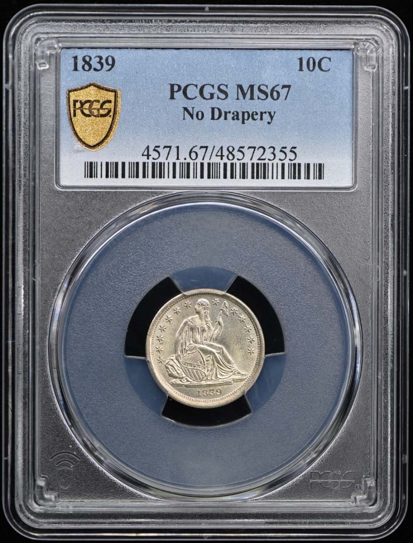1839 10C No Drapery Liberty Seated Dime PCGS MS67: 1839 10C No Drapery Liberty Seated Dime PCGS MS67 The 1839 Liberty Seated Dime, graded MS67 by PCGS, boasts exceptional preservation with no signs of wear. This uncirculated coin showcases the iconic 