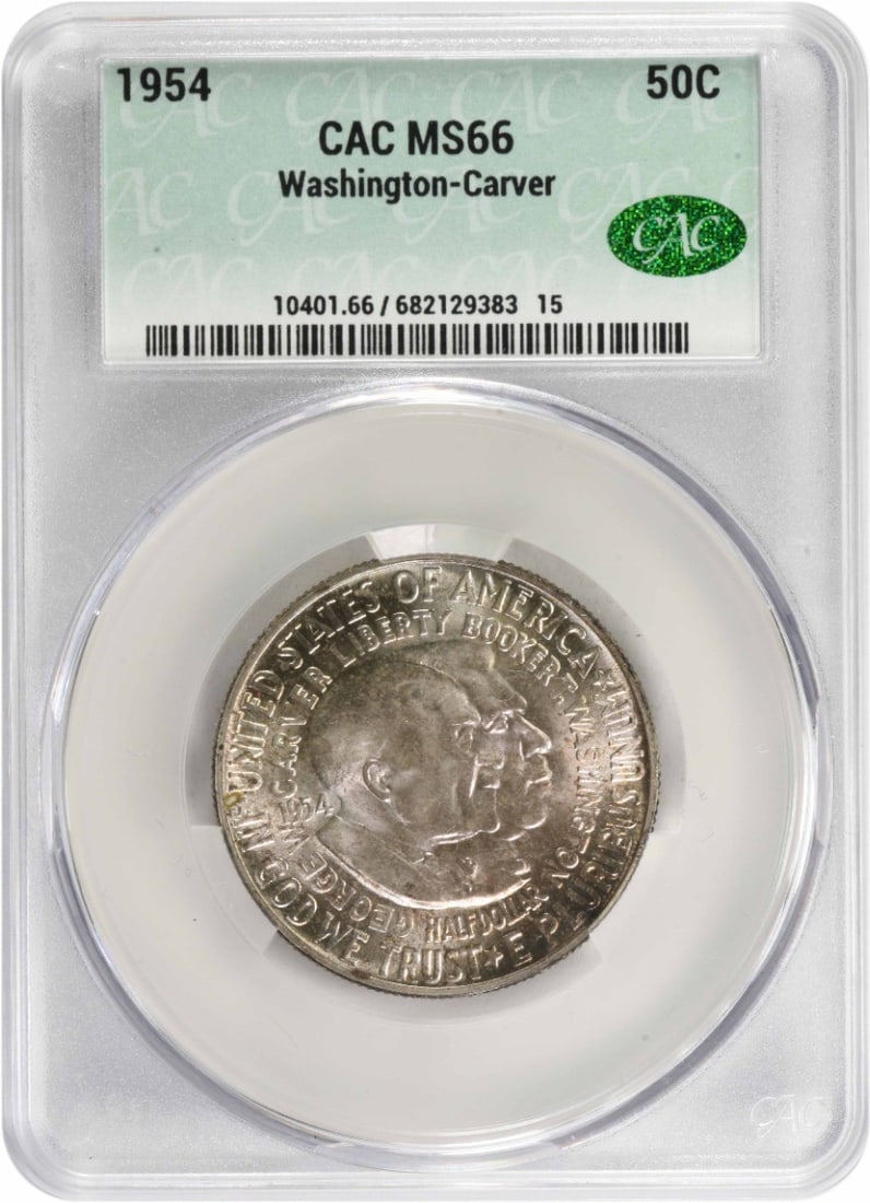 Carver commemorative silver half dollar 1954 MS66 CACG: Carver commemorative silver half dollar 1954 MS66 CACG The Carver commemorative silver half dollar, minted in 1954, boasts an impressive MS66 grade and features the design of Isaac Scott Hathaway.