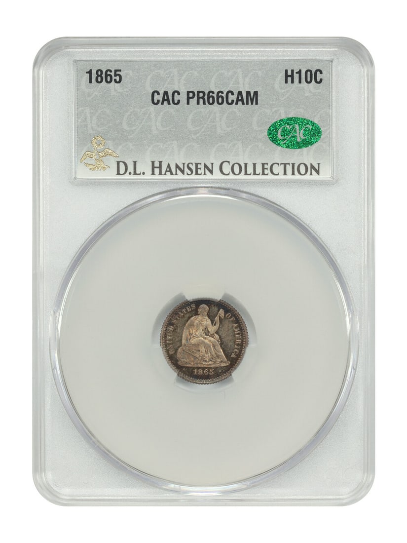 1865 H10C CACG PR66CAM ex: D.L. Hansen - Liberty Seated Half Dime: 1865 H10C CACG PR66CAM ex: D.L. Hansen - Liberty Seated Half Dime PR66CAM graded, ex-D.L. Hansen certified half dime from the Liberty Seated Series, featuring a striking design and dated 1865. This ci