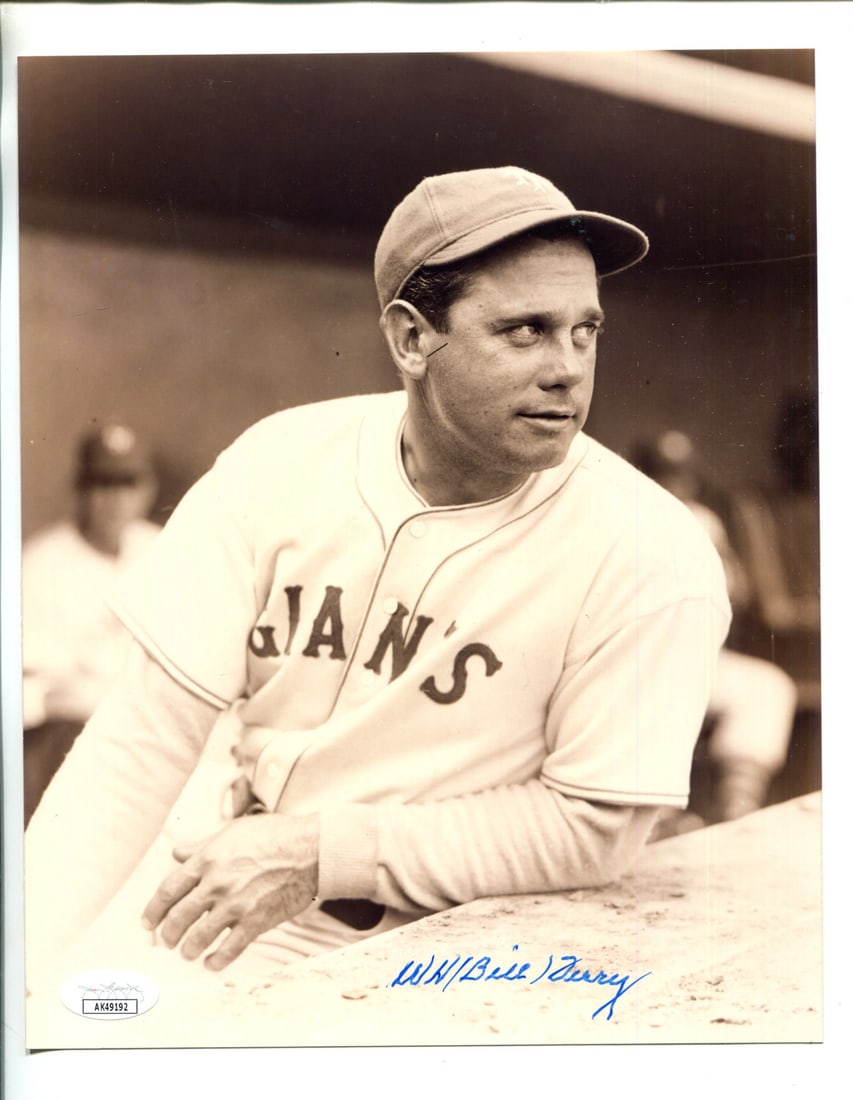 Autographed Bill Terry Photo 8x10 JSA: Autographed Bill Terry Photo 8x10 JSA Authentic 8x10 photo of Bill Terry, signed in blue sharpie across the front by James Spence Authentication. This item comes with a COA from JSA (Cert #AK49192)