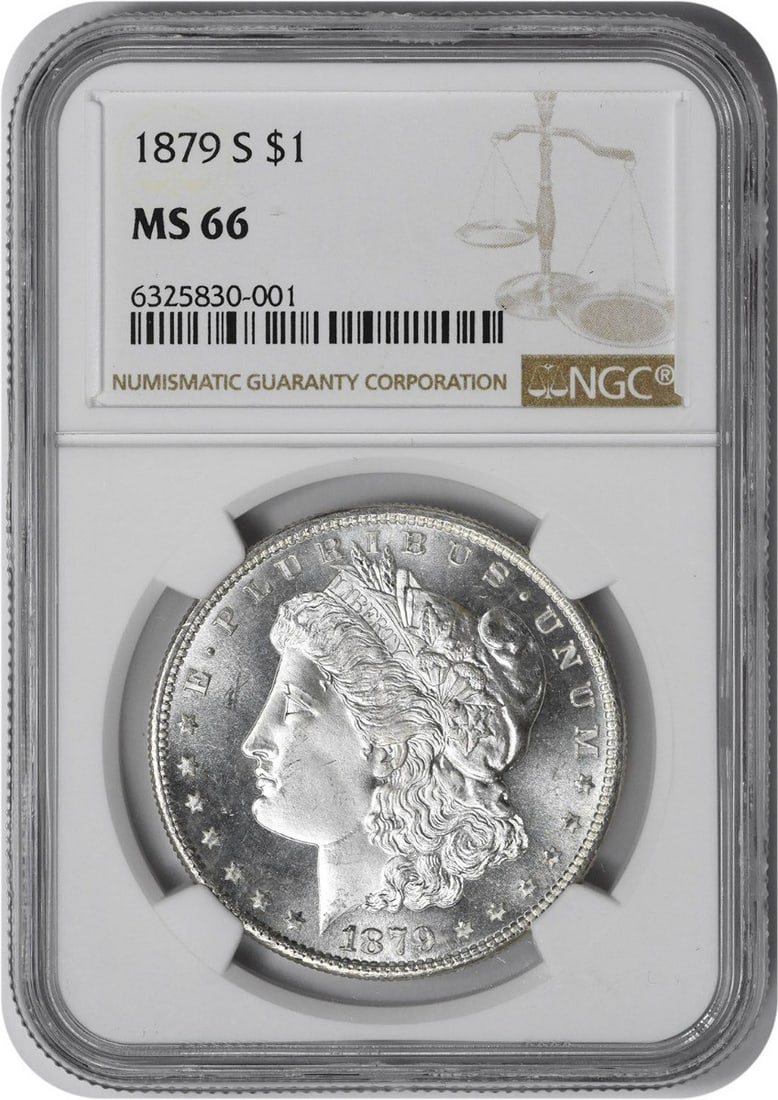 1879-S Morgan Silver Dollar MS66 NGC: 1879-S Morgan Silver Dollar MS66 NGC The 1879-S Morgan Silver Dollar MS66 NGC boasts exceptional condition, with its reeded edge and circulated/ununcirculated certification underscoring its status as 