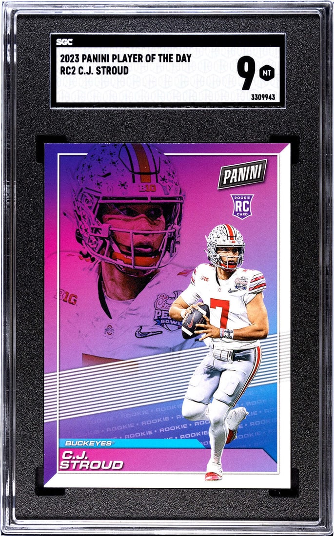 CJ Stroud 2023 Panini Player of Day RC2 SGC 9: CJ Stroud 2023 Panini Player of Day RC2 SGC 9 CJ Stroud 2023 Panini Player of the Day RC2 SGC 9, graded by Professional Sports Authenticator (PSA) on a scale of 1 to 10, with a high grade of 9. This c