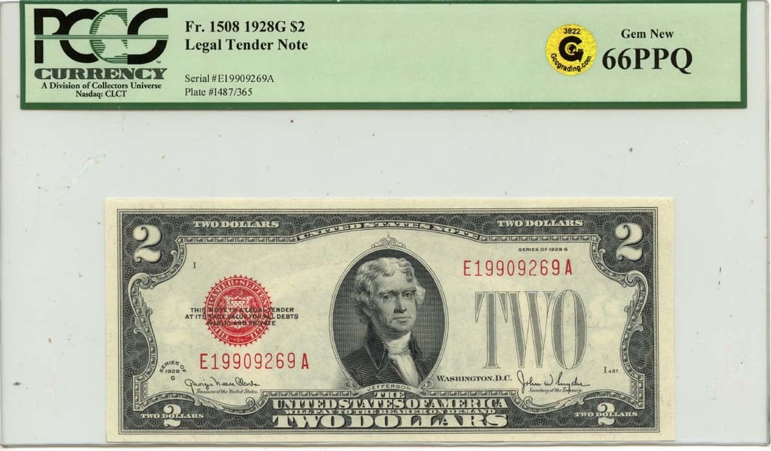 1928G $2 Legal Tender Note FR#1508 PCGS GEM 66 EPQ GCC Green: 1928G $2 Legal Tender Note FR#1508 PCGS GEM 66 EPQ GCC Green The 1928G $2 Legal Tender Note, graded MS66 by PCGS, boasts a stunning Gem condition with exceptional preservation. Featuring the iconic