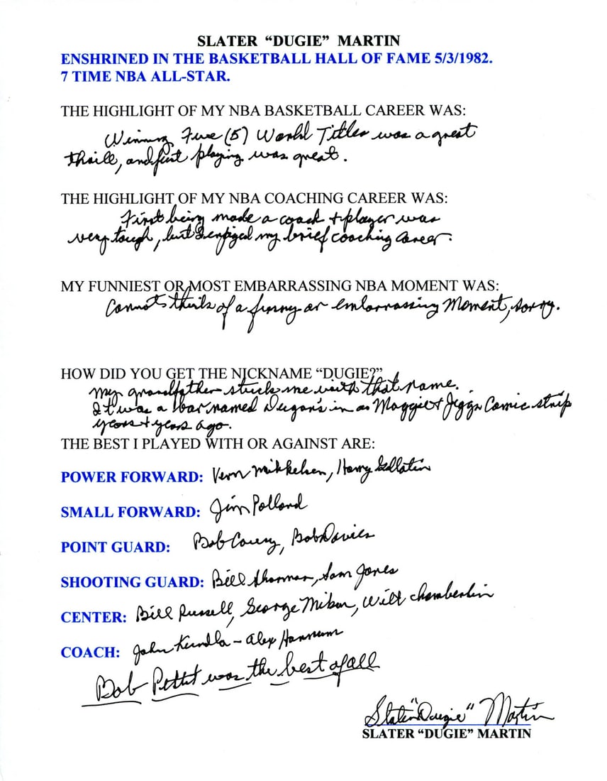 Dugie" Martin Autographed Hand Filled Out Survey Page By Slater (1 of 2)