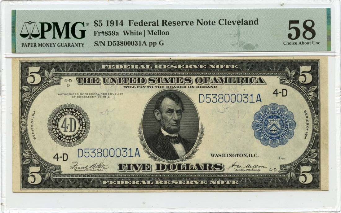 1914 $5 Federal Reserve Note Cleveland FR#859a PMG AU58 Choice: 1914 $5 Federal Reserve Note Cleveland FR#859a PMG AU58 Choice This 1914 $5 Federal Reserve Note features a Cleveland FR#859a PMG AU58 Choice grade, showcasing its circulated condition and rich
