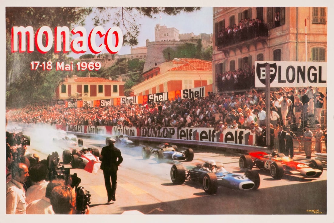 French vintage race car artwork poster maestri Monaco grand prix 1969: French vintage race car artwork poster maestri Monaco grand prix 1969 Item Specifics: Artist: Maestri Unit Of Sale: Single Piece Size: Small Date Of Creation: 1970 Title: Monaco Grand Prix Material: C