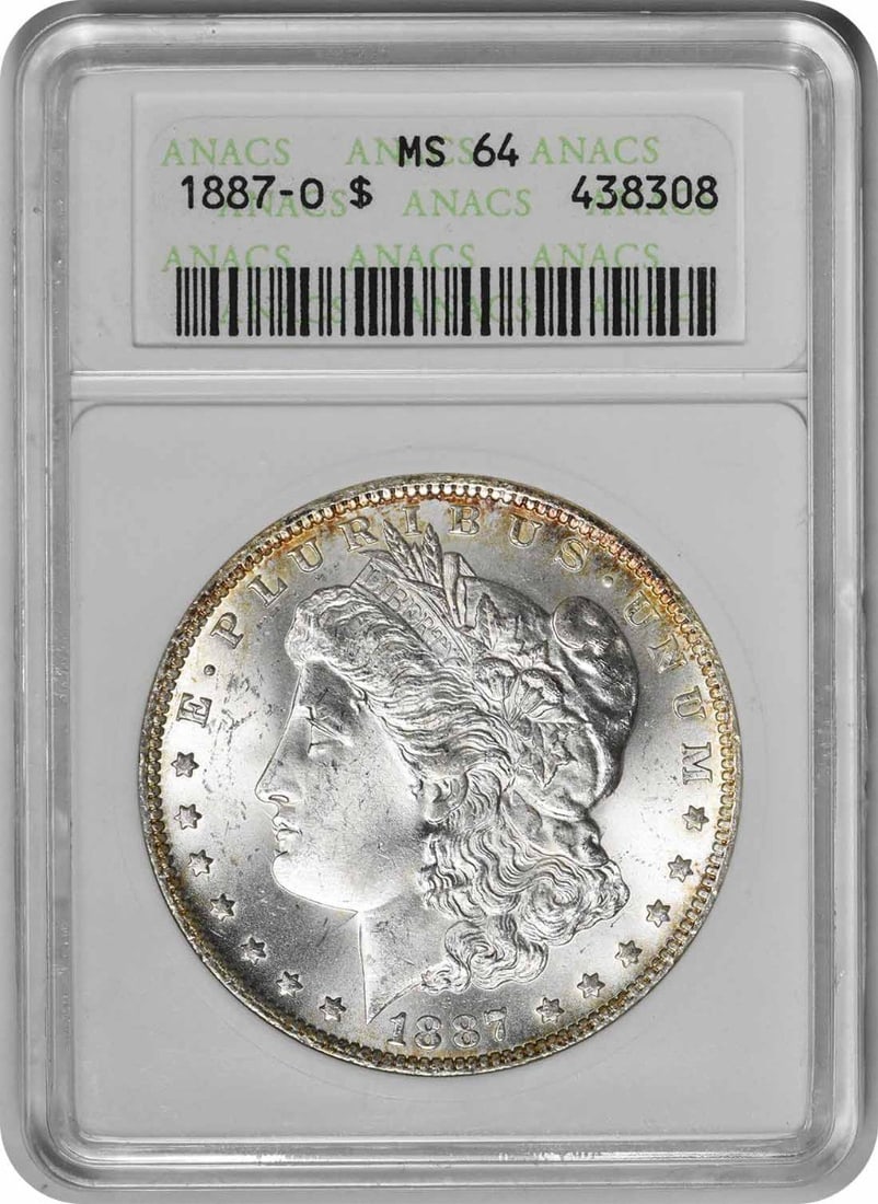 MS64 ANACS 1887 O MORGAN SILVER DOLLAR: MS64 ANACS 1887 O MORGAN SILVER DOLLAR MS64 ANACS Uncirculated 1887 O Morgan Silver Dollar - A Rare and Highly Detailed Coin. This highly graded MS64 coin features a reeded edge, with the iconic 'O' m
