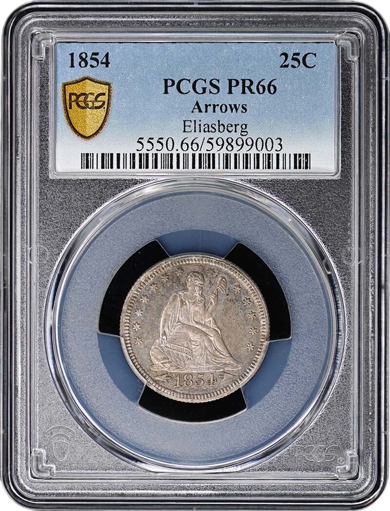1854 ARROWS Seated Liberty Quarter 25C PCGS PR66 Eliasberg Mintage 10: 1854 ARROWS Seated Liberty Quarter 25C PCGS PR66 Eliasberg Mintage 10 The 1854 ARROWS Seated Liberty Quarter 25C PCGS PR66 Eliasberg Mintage 10 is an extremely rare and highly graded coin, certified b