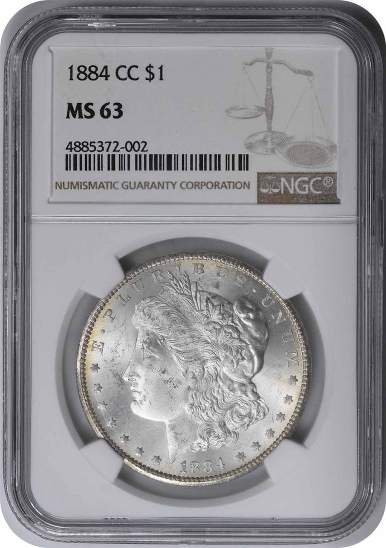1884-CC Morgan Silver Dollar MS63 NGC: 1884-CC Morgan Silver Dollar MS63 NGC The 1884-CC Morgan Silver Dollar MS63 NGC boasts exceptional condition, with its NGC certification verifying its high-grade status. This coin's rich silver compos