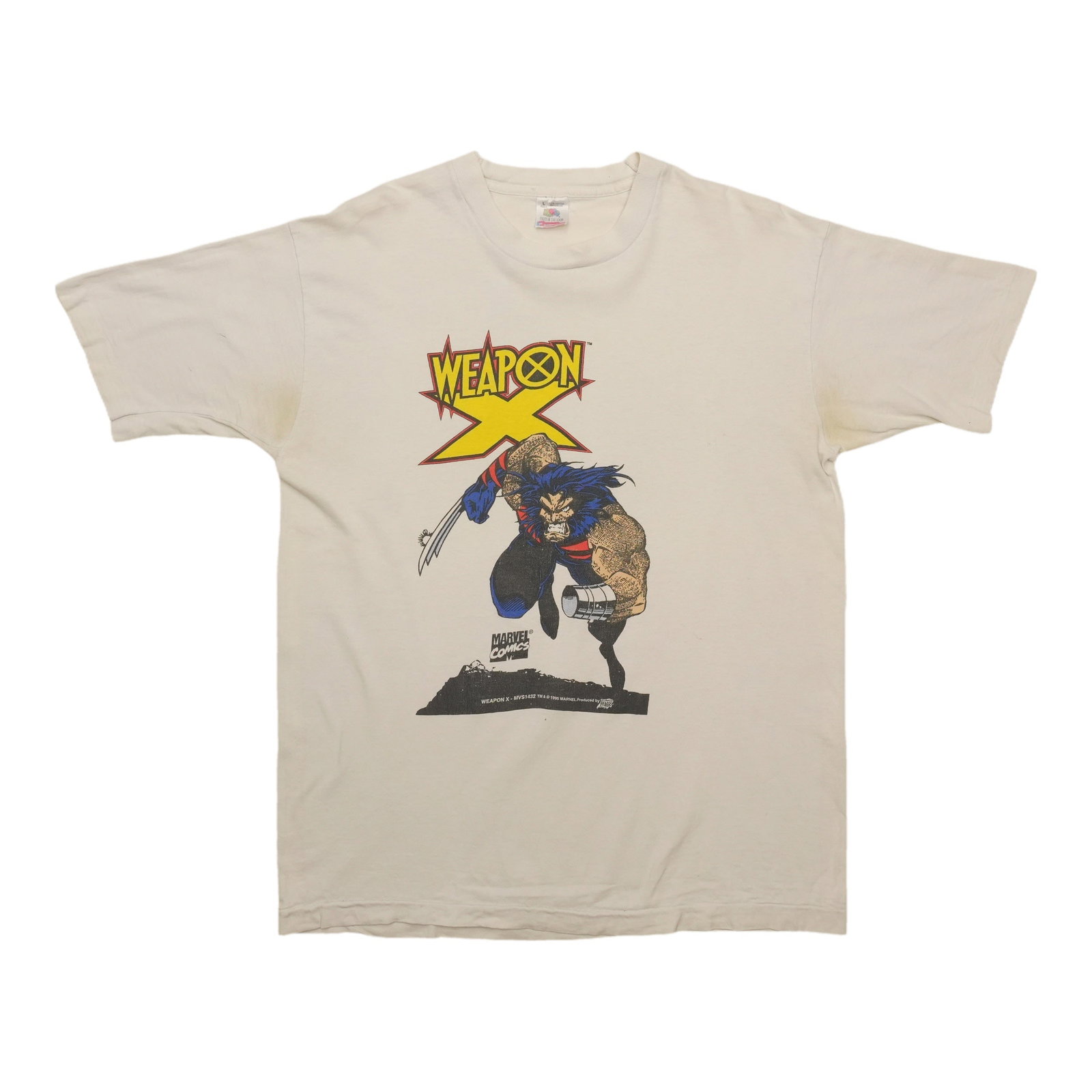1990s Marvel Wolverine Weapon X Shirt: 1990s Marvel Wolverine Weapon X Shirt Large, white 1990s Marvel Wolverine Weapon X Shirt with a classic fit and original vintage design. This true vintage shirt features a unique pit-to-pit measuremen