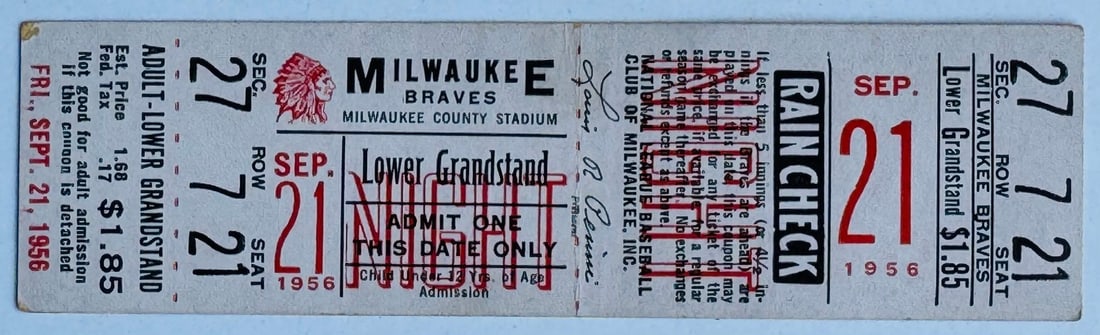 September 21 1956 Milwaukee Braves vs Chicago Cubs Full Ticket (1 of 2)