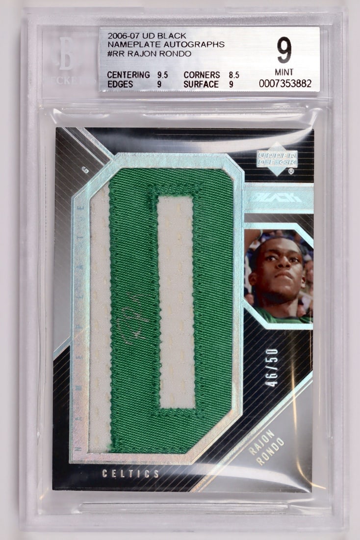 2006-07 UD BLACK RAJON RONDO #RR NAMEPLATE AUTO/ 50 BGS 9 AUTO 10: 2006-07 UD BLACK RAJON RONDO #RR NAMEPLATE AUTO/ 50 BGS 9 AUTO 10 2006-07 UD Black Rondo #RR Nameplate Auto features a rare and unique combination of an autograph and nameplate, making it a standout a
