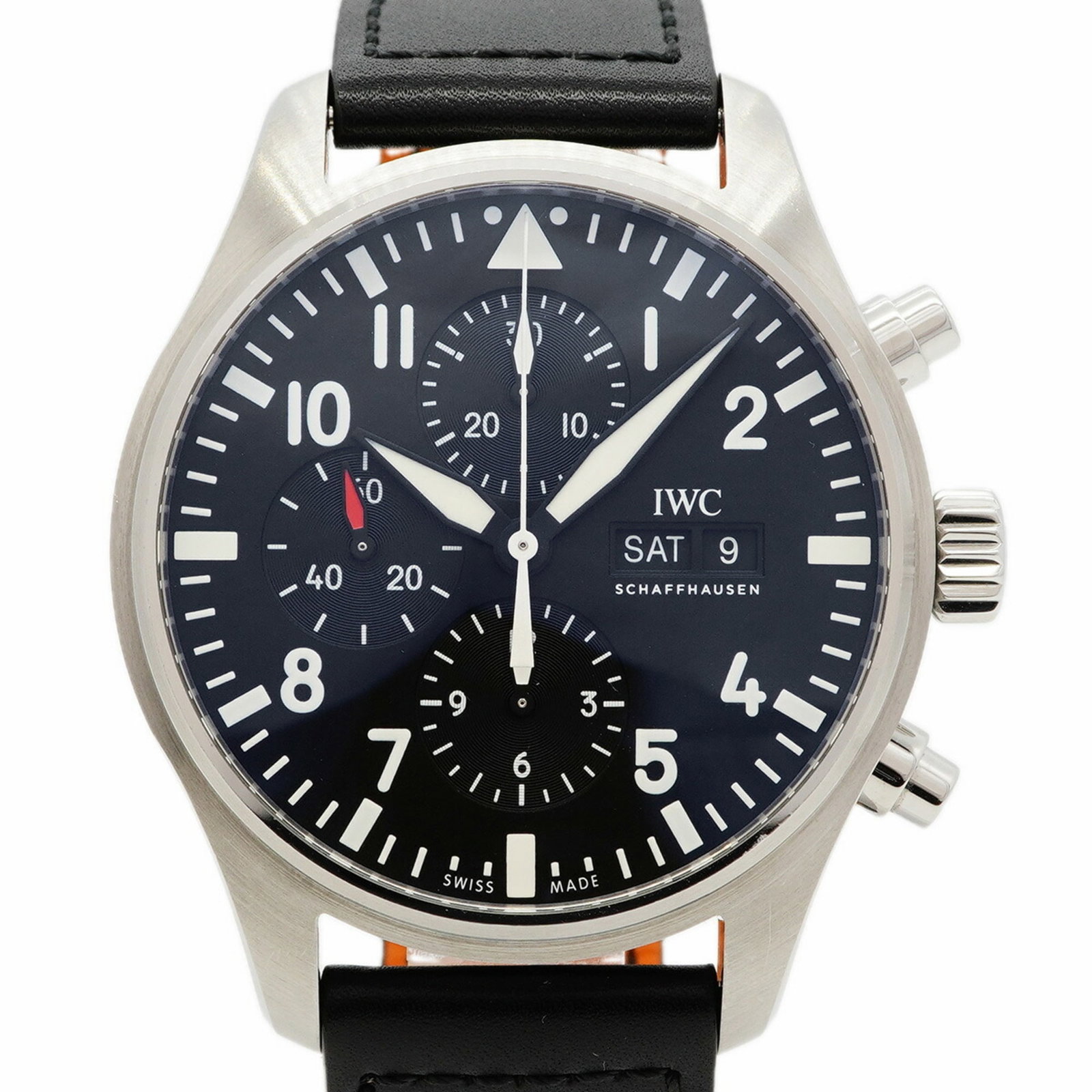 Iwc Wristwatch: Iwc Wristwatch 43mm black leather Iwc wristwatch with a classic design, bearing traces of usage and minor scratches. The watch case measures 1.69 inches in diameter, suitable for wrists up to 7.48 inc