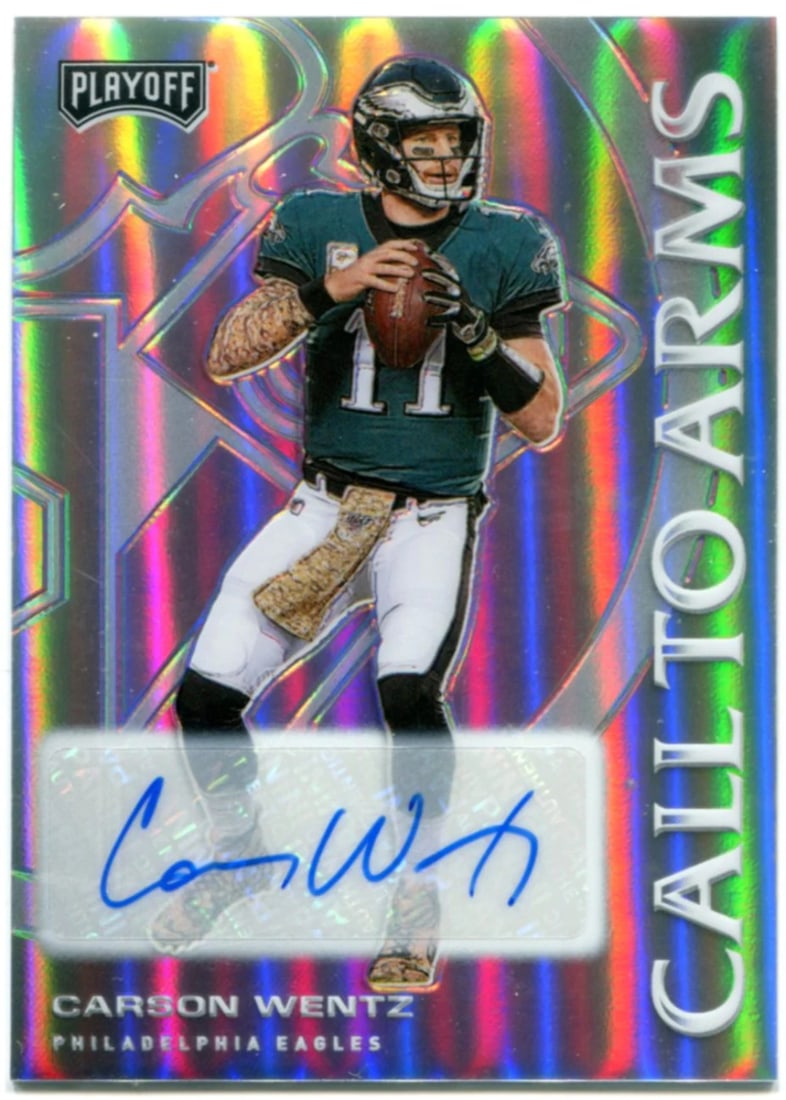 Carson Wentz Autographed 2020 Playoff Card #4/ 5: Carson Wentz Autographed 2020 Playoff Card #4/ 5 Carson Wentz Autographed 2020 Playoff Card #4/5 - A unique opportunity to own a piece of sports memorabilia, this autographed card features the signatu
