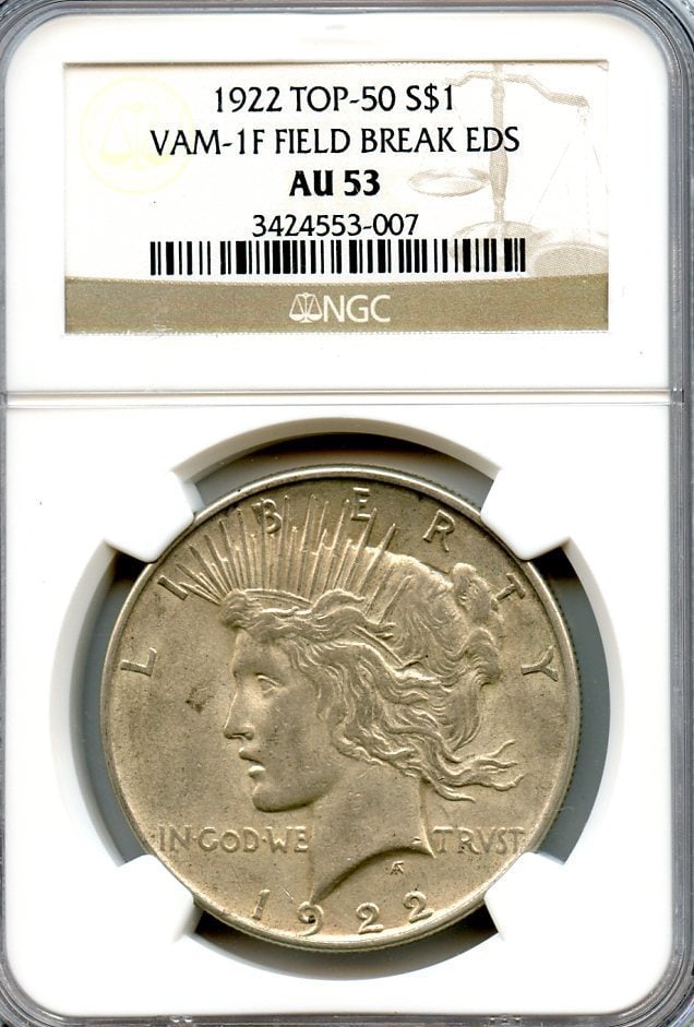 PEACE DOLLAR NGC AU53 EDS TOP 1922 FIELD BREAK VAM C4669 (1 of 3)