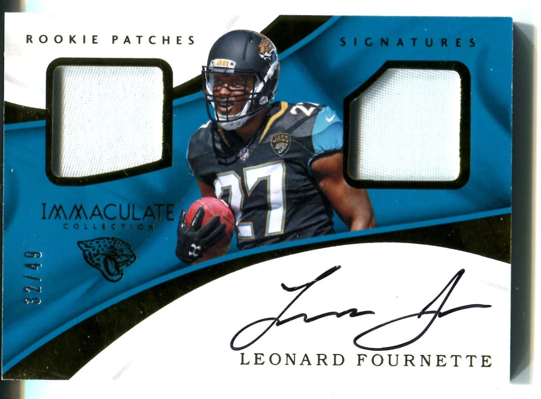 Leonard Fournette 2017 Panini Immaculate Collection Patch/ Autographed Card #32/ 4: Leonard Fournette 2017 Panini Immaculate Collection Patch/ Autographed Card #32/ 4 Patch/Autographed Card #32/49 from the 2017 Panini Immaculate Collection, featuring Leonard Fournette's autograph