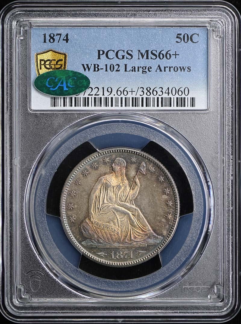 1874 50C Arrows Large Arrows WB-102 Liberty Seated Half Dollar PCGS MS66+ (CAC) (1 of 5)