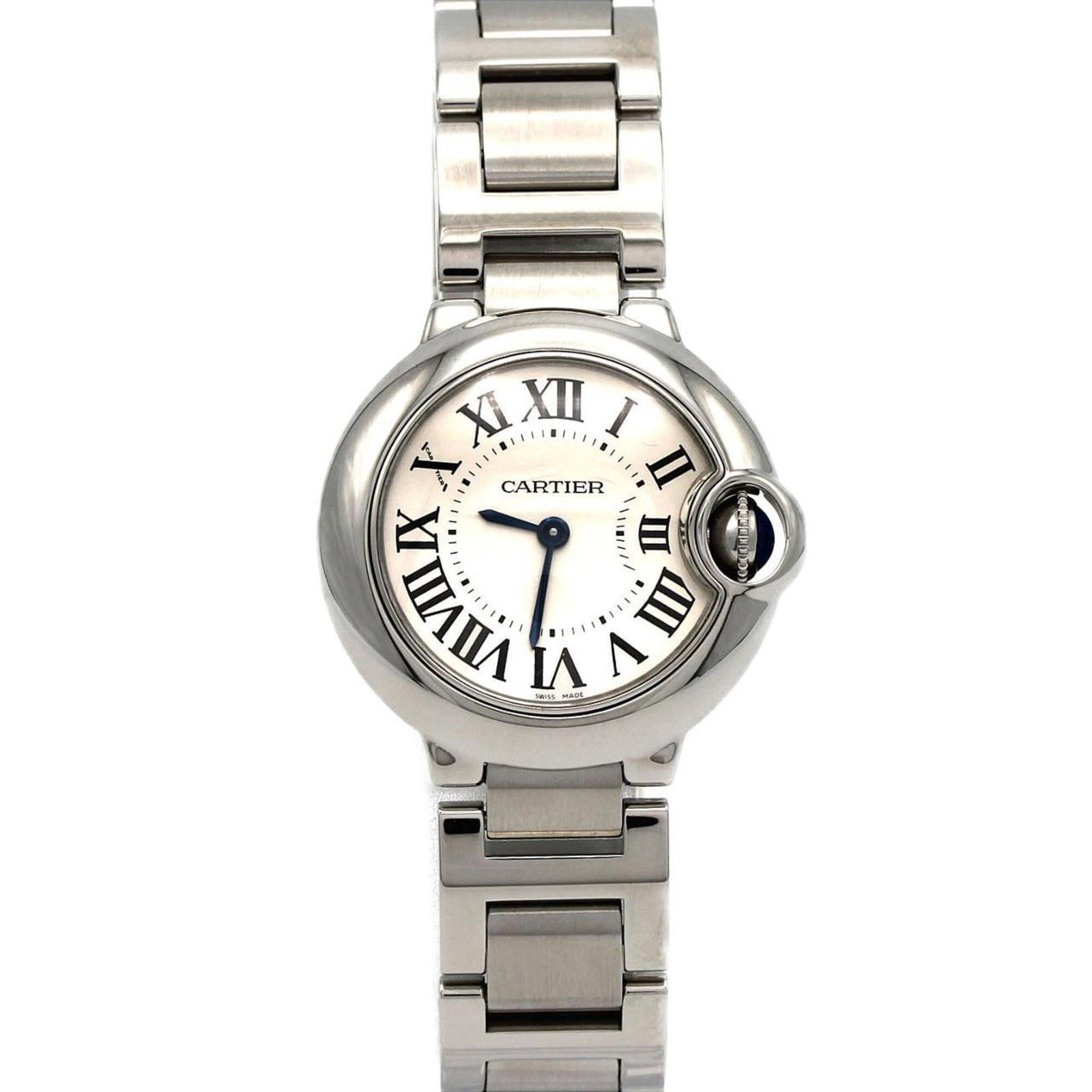 Wristwatch by Cartier: Wristwatch by Cartier Stainless steel case and band, silver dial, and 28mm diameter make this Cartier wristwatch a sleek and sophisticated accessory. The watch has been well-cared for, with only