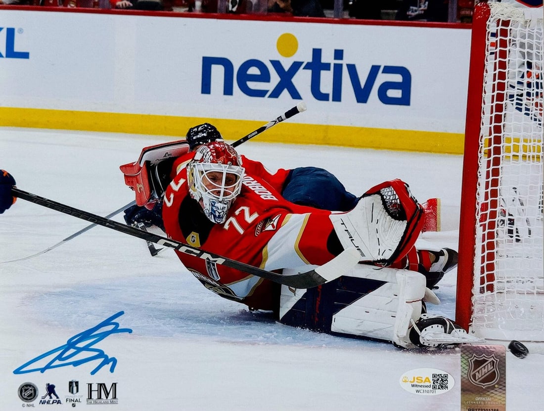 Sergei Bobrovsky Autographed Panthers 8x10 Photo (JSA Witness): Sergei Bobrovsky Autographed Panthers 8x10 Photo (JSA Witness) Sergei Bobrovsky's bold signature in blue paint pen adds a personal touch to this official 8x10 photo, capturing the moment when he donne