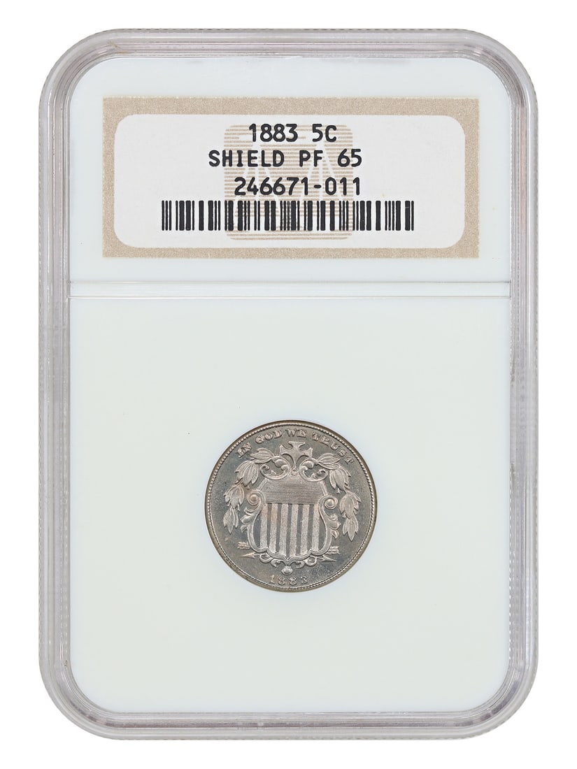 1883 5C Shield NGC PR65 - Shield Nickel: 1883 5C Shield NGC PR65 - Shield Nickel The 1883 Shield Nickel, graded PR65 by the Numismatic Guaranty Corporation (NGC), showcases exceptional preservation and detail. This uncirculated coin boasts a