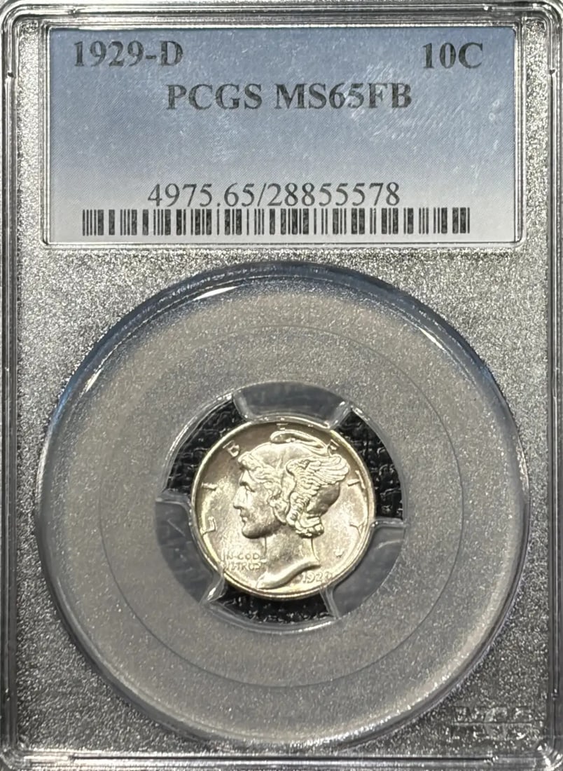 MERCURY DIME MS65 FB PCGS 1929-D: MERCURY DIME MS65 FB PCGS 1929-D MS65 FB PCGS certified, this 1929-D Mercury dime boasts exceptional condition with its uncirculated grade. The Denver mint mark adds a unique touch to this silver