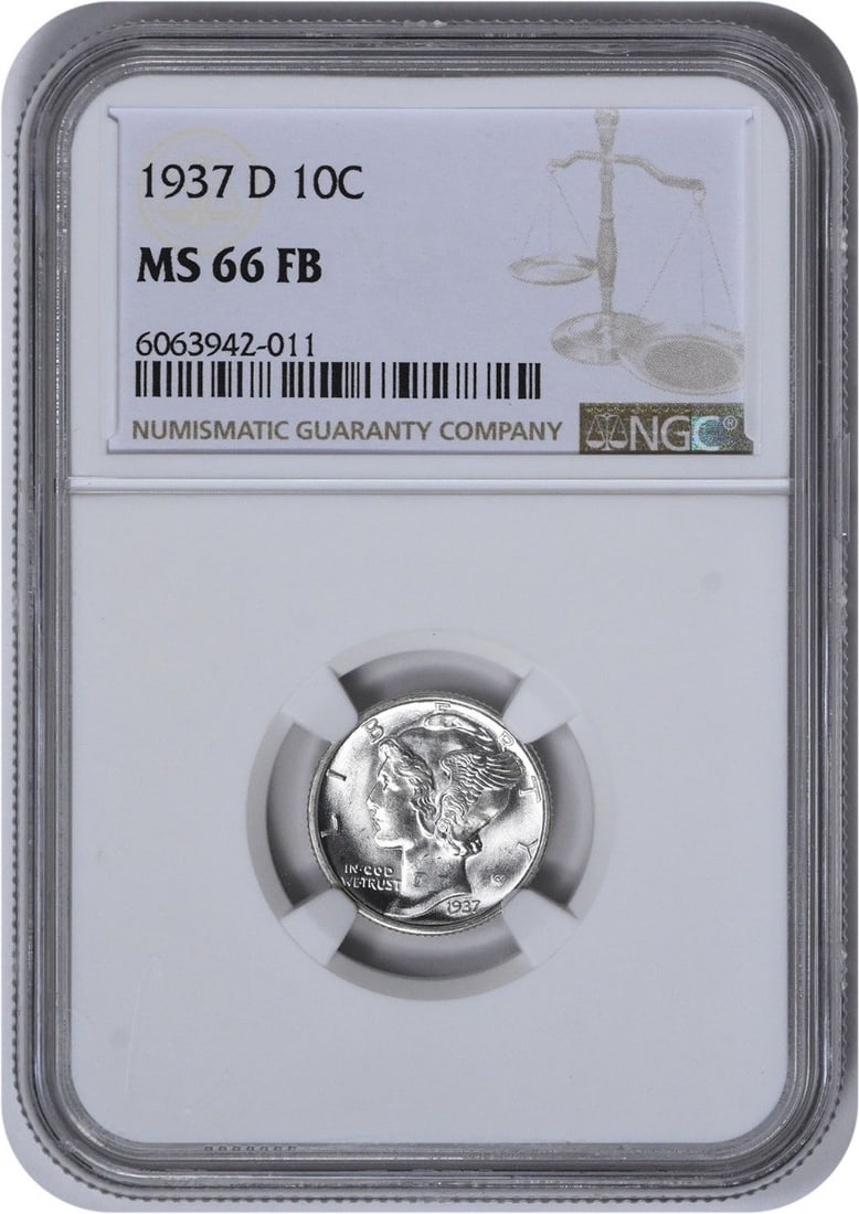 MS66FB Mercury Dime 1937-D Silver: MS66FB Mercury Dime 1937-D Silver MS66FB Mercury Dime 1937-D Silver boasts an exceptionally high grade, certified by the NGC as Uncirculated. This stunning coin features a rich silver composition and