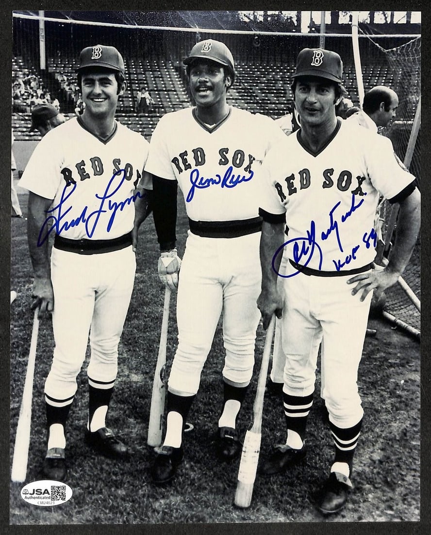 Jim Rice & Carl Yastrzemski Fred Lynn Autographed Photo HOF 8x10 JSA: Jim Rice & Carl Yastrzemski Fred Lynn Autographed Photo HOF 8x10 JSA 8x10 photo of Jim Rice and Carl Yastrzemski with Fred Lynn, both members of the Baseball Hall of Fame, bearing a signature. This