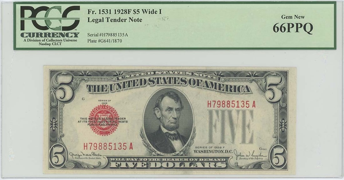 1928F $5 Legal Tender FR#1531 PCGS 66 Gem PPQ Wide I: 1928F $5 Legal Tender FR#1531 PCGS 66 Gem PPQ Wide I The 1928F $5 Legal Tender note, graded MS66 by PCGS, boasts a striking appearance with its unique FR#1531 designation. This circulated uncirculated