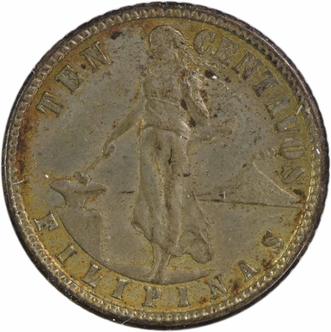 1913-S Philippines-US 10 Centavos KM169 AU Uncertified: 1913-S Philippines-US 10 Centavos KM169 AU Uncertified The 1913-S Philippines-US 10 Centavos KM169 AU Uncertified coin features a circulated grade and a striking appearance, showcasing its age and wea