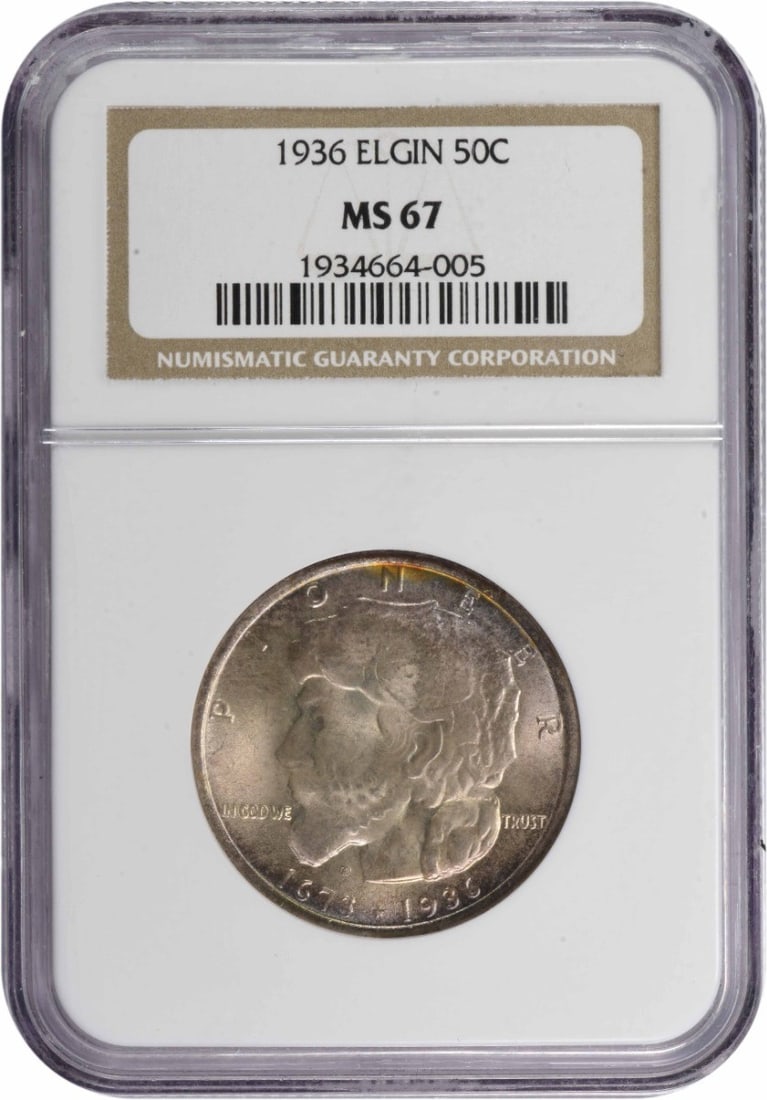 MS67 NGC Commemorative Half Dollar of Silver by Elgin: MS67 NGC Commemorative Half Dollar of Silver by Elgin The MS67 NGC Commemorative Half Dollar of Silver by Elgin boasts exceptional condition, earning its high grade from the renowned Numismatic