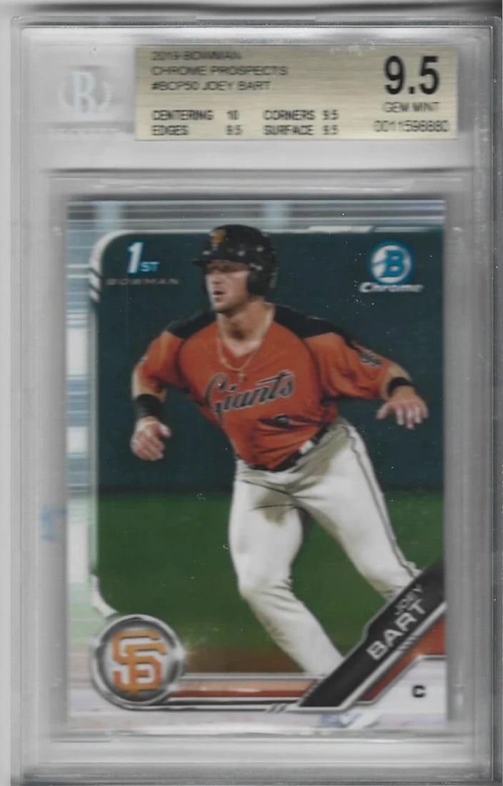 Joey Bart 2019 Bowman Chrome Prospects Rookie Card (BGS 9.5 GEM MINT) BCP-50: Joey Bart 2019 Bowman Chrome Prospects Rookie Card (BGS 9.5 GEM MINT) BCP-50 The Joey Bart 2019 Bowman Chrome Prospects Rookie Card is a highly graded, Gem Mint condition card (BGS 9.5) featuring the