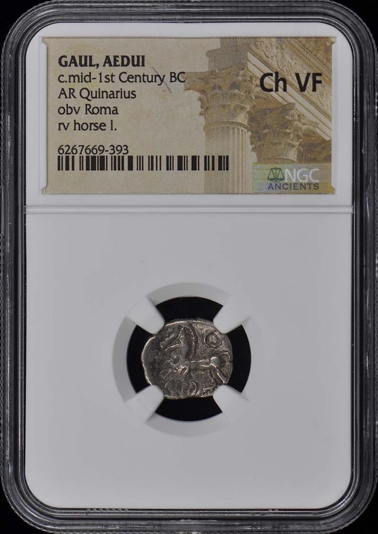 1st Century BC GAUL, AEDUI AR Quinarius NGC VF30: 1st Century BC GAUL, AEDUI AR Quinarius NGC VF30 NGC VF30 graded Quinarius coin from the 1st Century BC, bearing the mark of the Aedui Gauls. This ancient Roman denomination boasts a rich history and