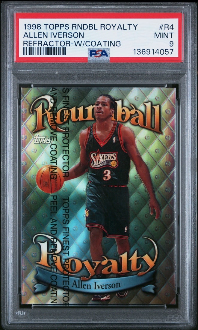 1998 TOPPS ROUNDBALL ROYALTY ALLEN IVERSON #R4 REFRACTOR W/ COATING PSA 9: 1998 TOPPS ROUNDBALL ROYALTY ALLEN IVERSON #R4 REFRACTOR W/ COATING PSA 9 1998 Topps Refractor Allen Iverson #R4 Roundball Royalty Card. This PSA 9 graded card features the iconic basketball player