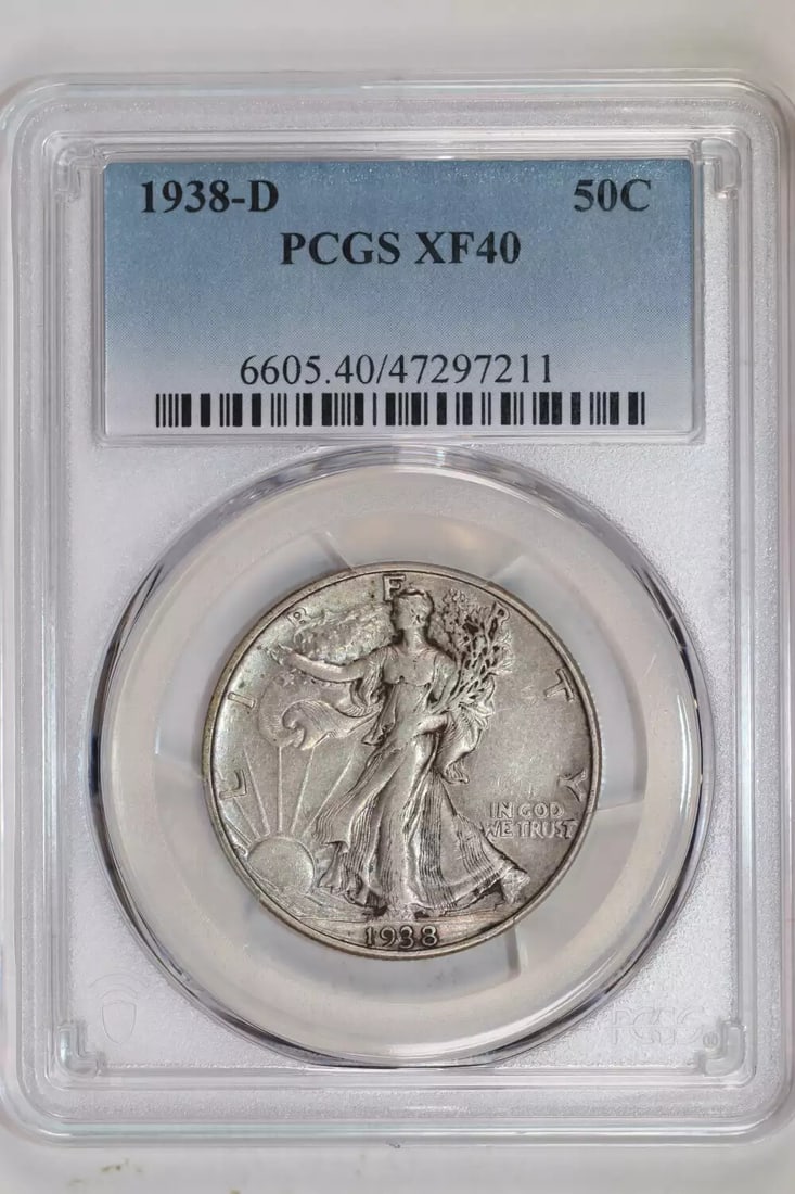 1938-D WALKING LIBERTY HALF DOLLAR PCGS XF40: 1938-D WALKING LIBERTY HALF DOLLAR PCGS XF40 The 1938-D Walking Liberty Half Dollar, graded XF40 by PCGS, showcases its distinctive design and silver composition. Certified as a circulated coin, it