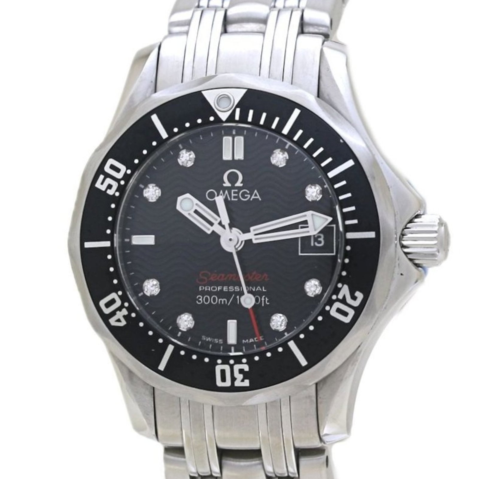 Omega Wristwatch: Omega Wristwatch Stainless steel case and band provide a sleek, modern look. The black dial stands out against the subtle wear and tear from previous use, with visible scratches and dirt that add to i