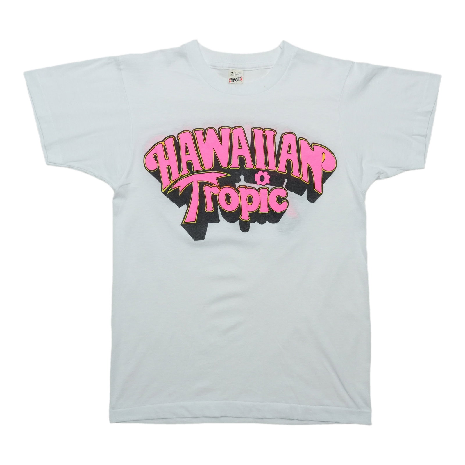1980s Hawaiian Tropic Shirt: 1980s Hawaiian Tropic Shirt Small, white Hawaiian Tropic Shirt from the 1980s features front and back graphics. Arrives washed and ready to wear in good condition, with no holes or discoloration throu