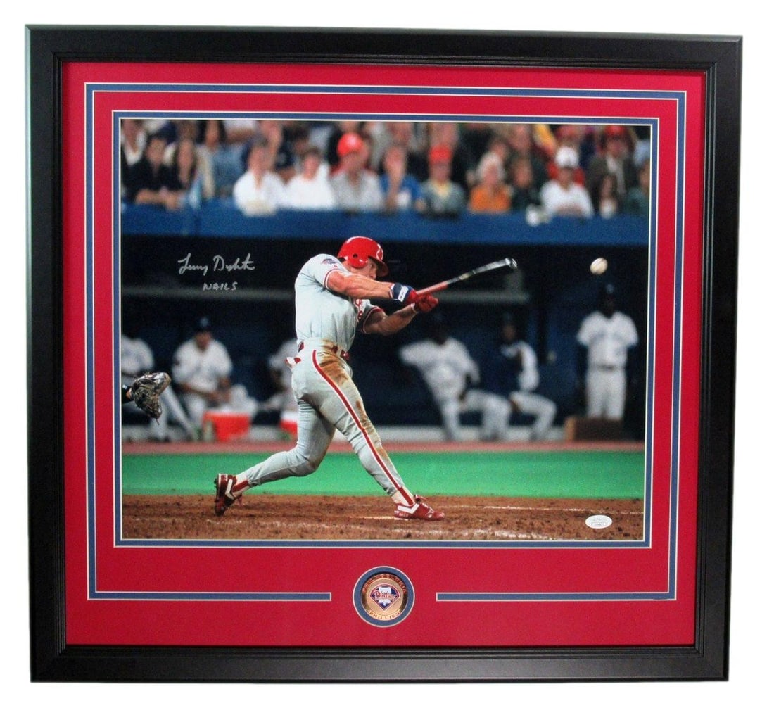 Lenny Dykstra Auto/ Signed Philadelphia Phillies 16x20 Photo Framed JSA 197404: Lenny Dykstra Auto/ Signed Philadelphia Phillies 16x20 Photo Framed JSA 197404 Lenny Dykstra, the Hall of Fame outfielder and former Phillies star, shines in this 16x20 photo framed with JSA