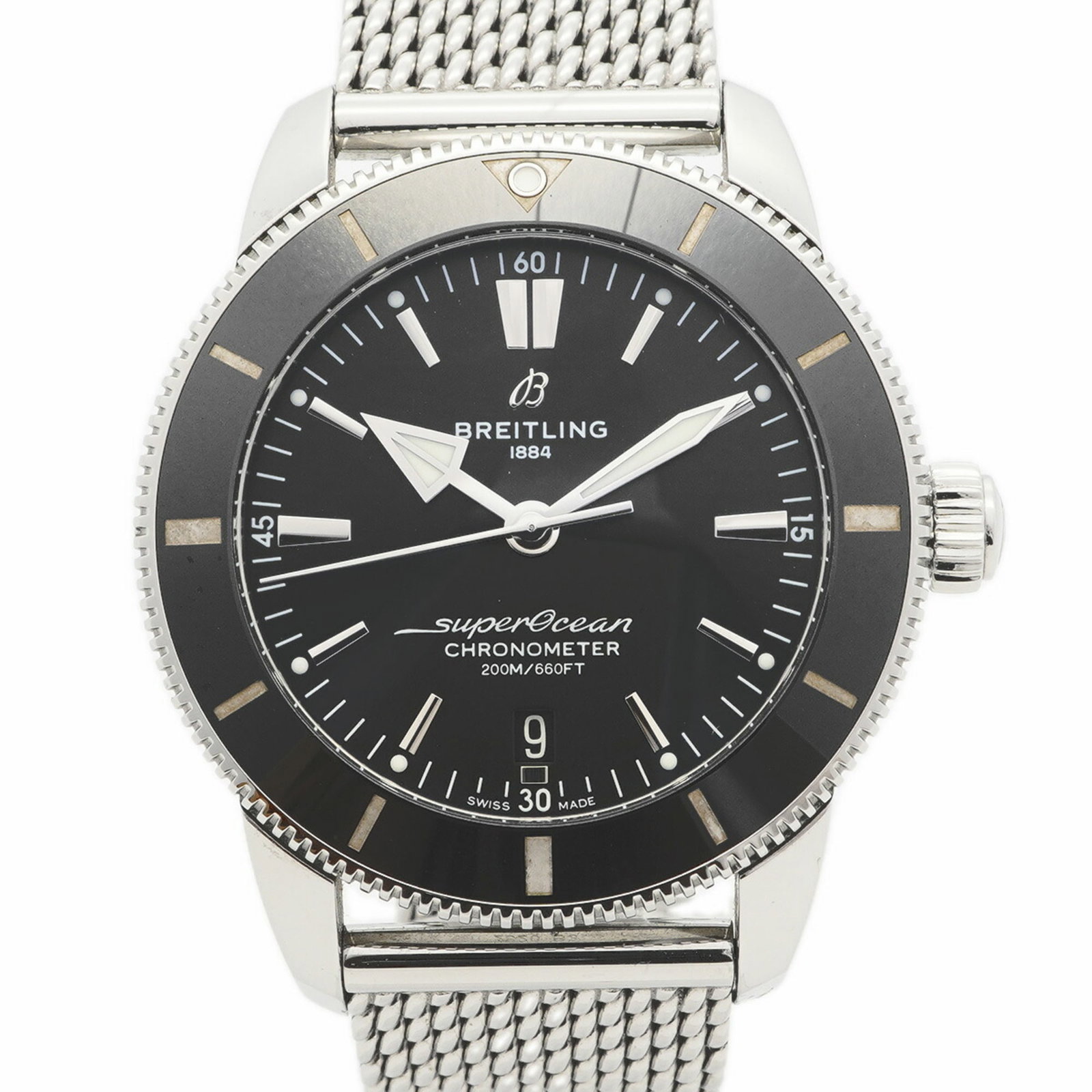 Breitling Wristwatch: Breitling Wristwatch Stainless steel band and black dial make up the Breitling wristwatch, with a case diameter of 43.9mm. The watch has been used and shows traces of usage, including scratches and