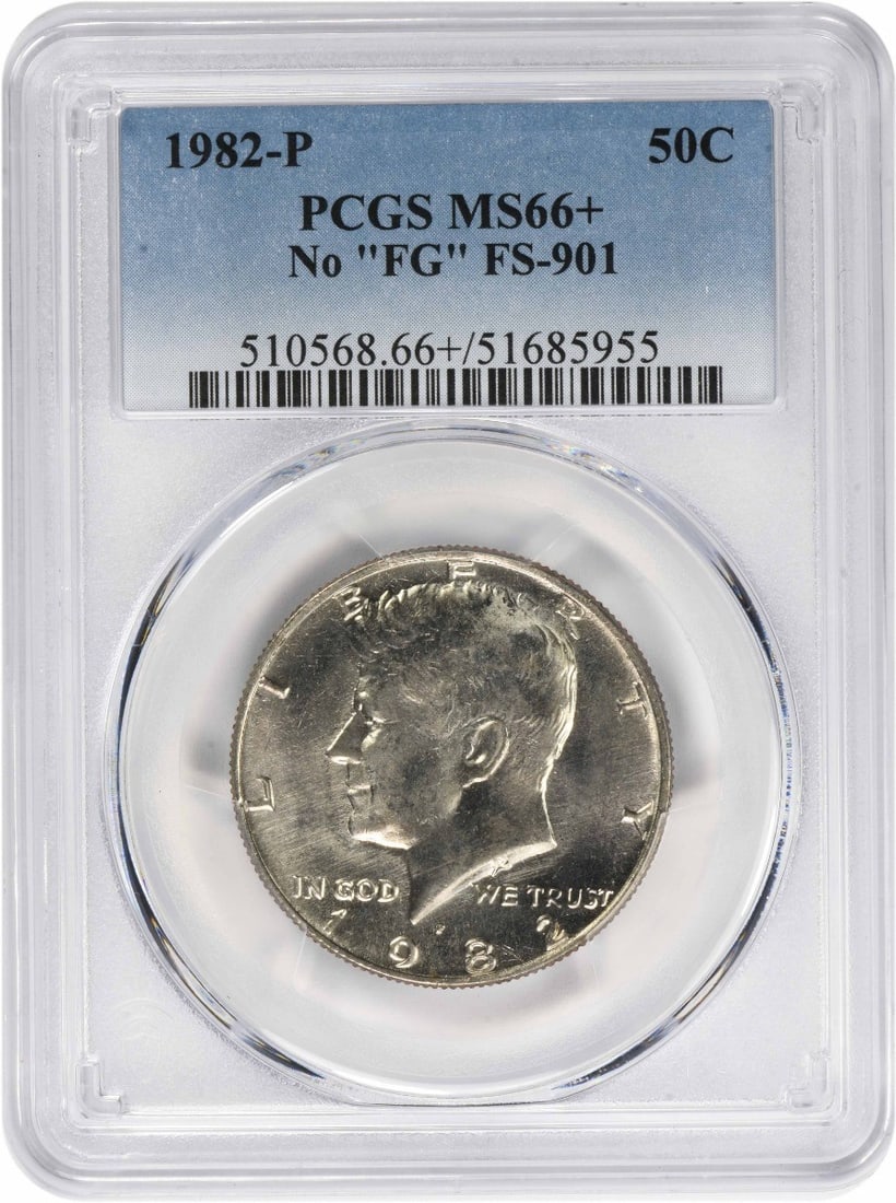 1982-P Kennedy Half Dollar No "FG" FS-901 MS66+ PCGS: 1982-P Kennedy Half Dollar No "FG" FS-901 MS66+ PCGS The 1982-P Kennedy Half Dollar No "FG" FS-901 MS66+ PCGS is a highly detailed and accurately graded coin, certified by the prestigious Professional