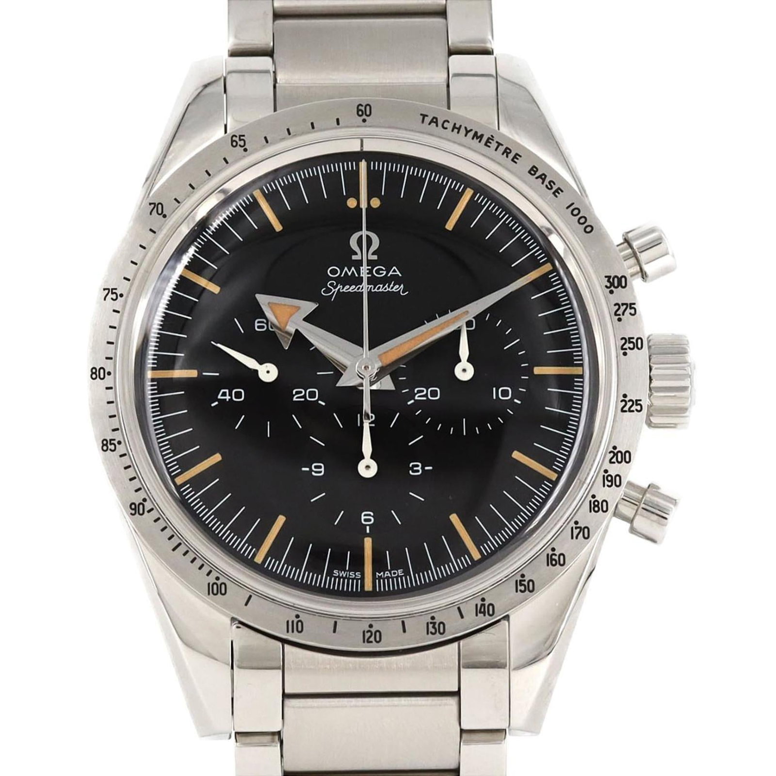 Omega Wristwatch: Omega Wristwatch Stainless steel case and band provide a durable foundation for this Omega wristwatch, featuring a black dial. The watch measures 39mm in diameter and has a comfortable fit for wrists 