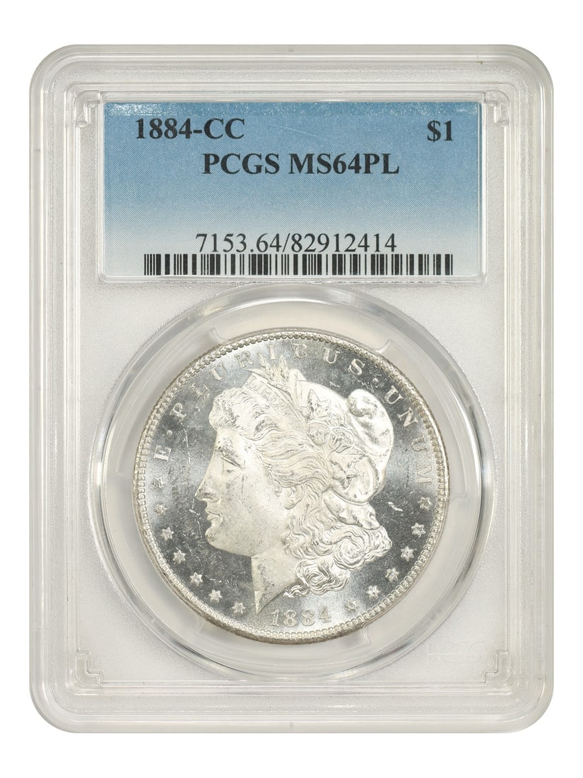 1884-CC $1 PCGS MS64PL - Morgan Dollar - Flashy Example: 1884-CC $1 PCGS MS64PL - Morgan Dollar - Flashy Example The 1884-CC $1 PCGS MS64PL - Morgan Dollar is an exceptional example, boasting a high grade of 64 and bearing the prestigious PCGS PL designatio