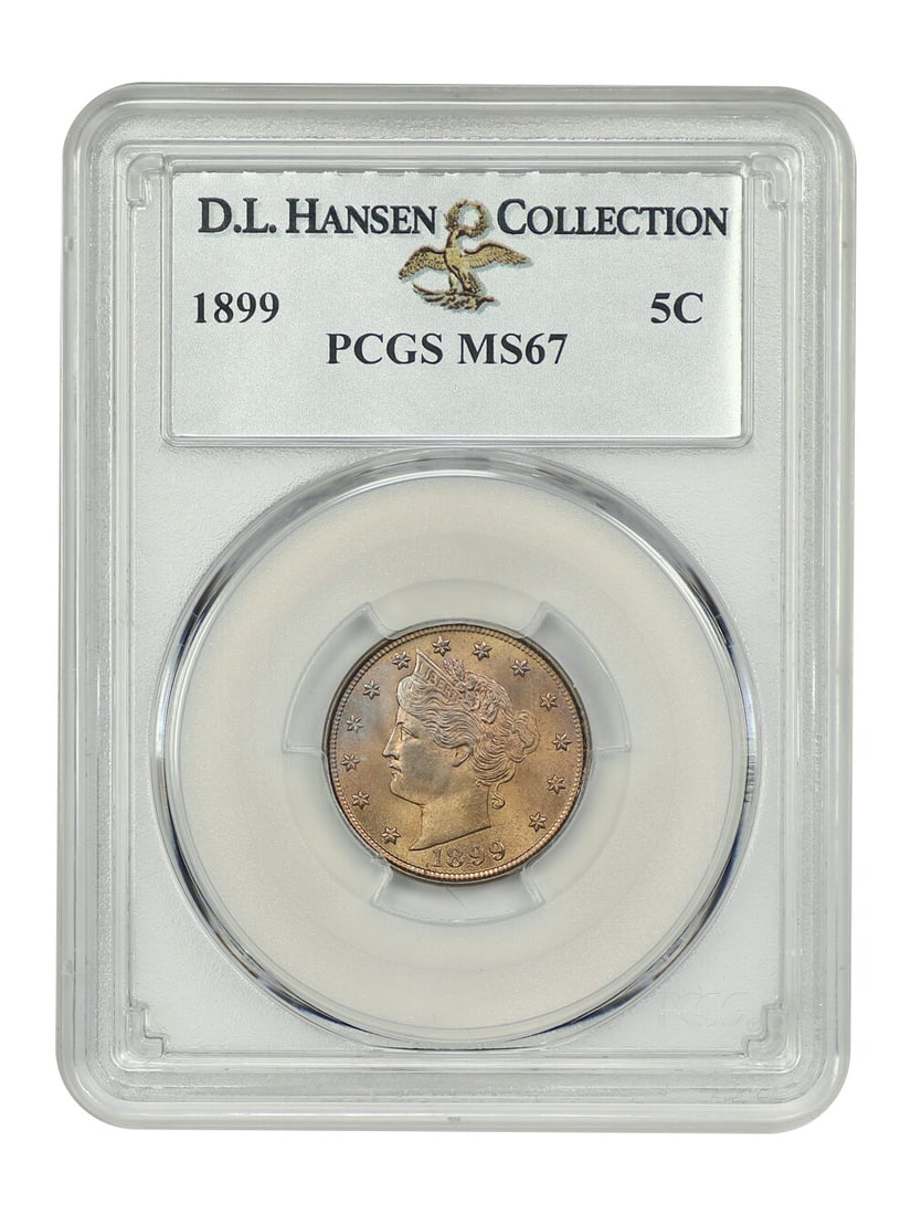 1899 5C PCGS MS67 ex: D.L. Hansen: 1899 5C PCGS MS67 ex: D.L. Hansen The 1899 Liberty Nickel, graded MS67 by PCGS, boasts exceptional mint state condition, showcasing its intricate details and subtle nuances. Certified by the prestigio