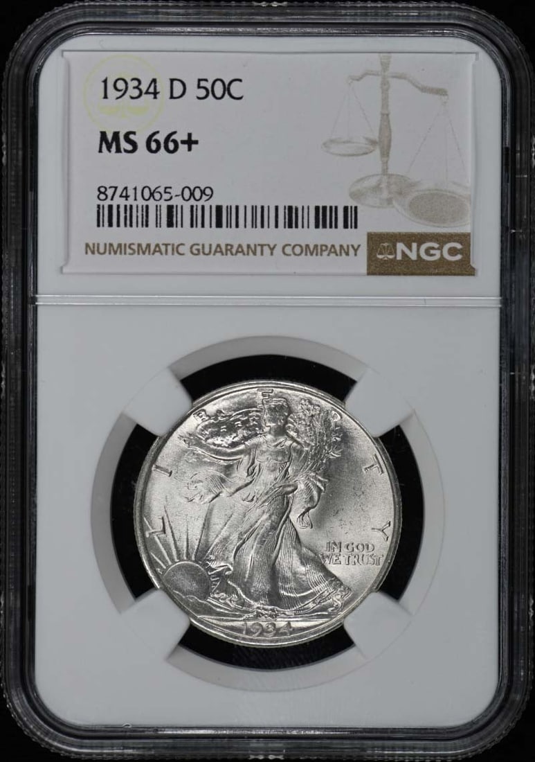 1934-D Walking Liberty Half Dollar 50C NGC MS66+: 1934-D Walking Liberty Half Dollar 50C NGC MS66+ The 1934-D Walking Liberty Half Dollar boasts an MS66+ grade, indicating exceptional condition with minor imperfections. Certified by the Numismatic